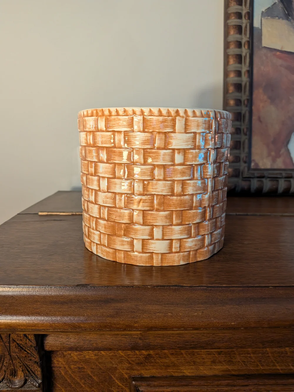 Ceramic Woven Basket Planter Cachepot Tan Warm Honey Glaze 5.5